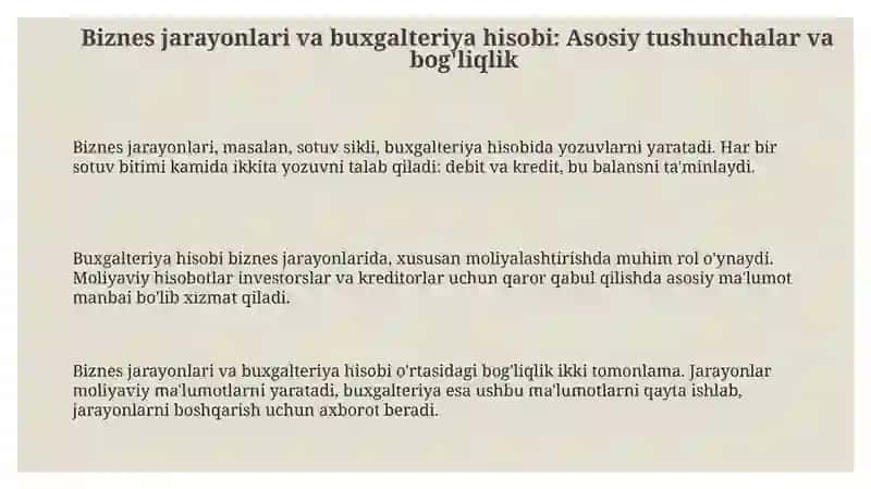 Biznes jarayonlari va buxgalteriya hisobi: Asosiy tushunchalar va bog'liqlik 3