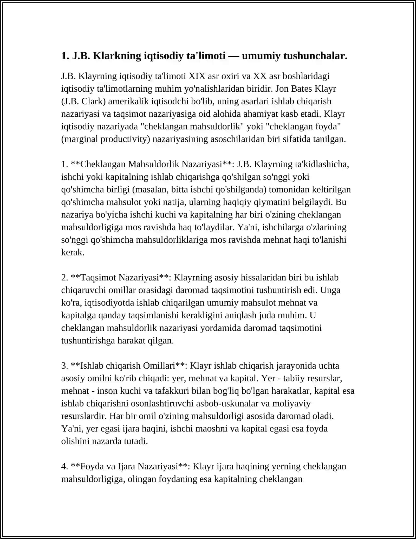 J.B.KLARKNING IQTISODIY TA’LIMOTI. UNING «BOYLIK FALSAFASI» VA «BOYLIK TAQSIMOTI» ASARLARIDAGI IQTISODIY G’OYALAR 3