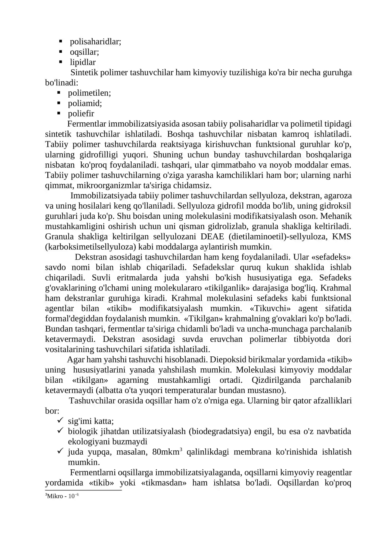 FERMENTLARNI IMMOBILIZATSIYALASH. IMMOBILIZATSIYA TURLARI. IMMOBILIZATSIYALANGAN FERMENTLAR VA ULARGA TA`SIR ETUVCHI OMILLAR 3