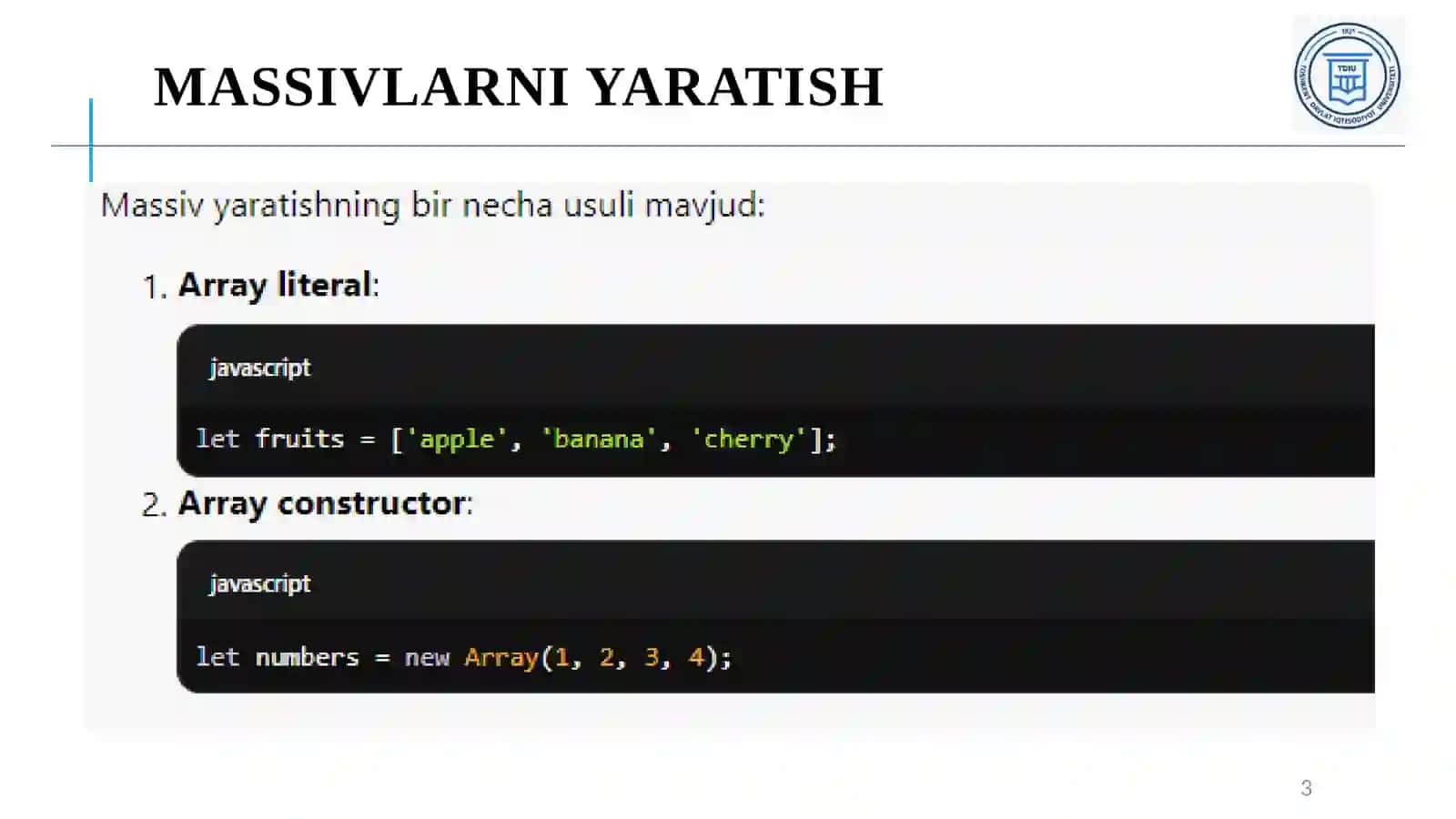 JS da massivlar va lug‘atlar 3