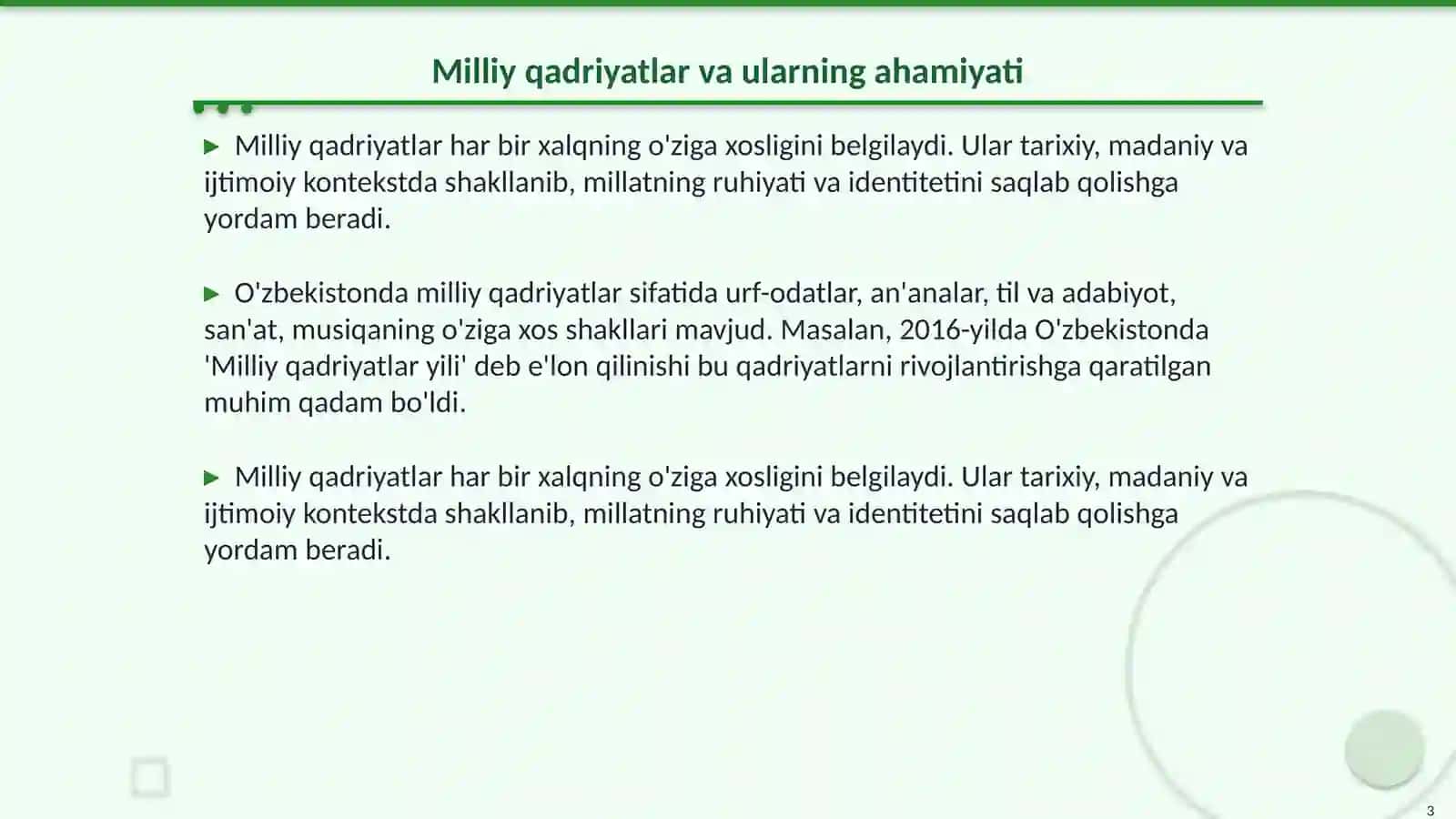 Milliy va umumbashariy qadriyatlar dilalektikasi. Jamiyatning madaniy va manaviy qadriyatlari 3
