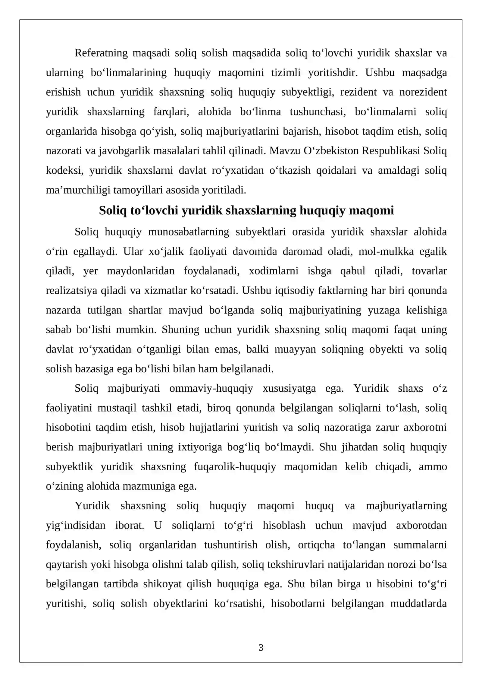 Soliq solish maqsadida soliq to‘lovchi yuridik shaxslar va ularning bo‘linmalari. 3