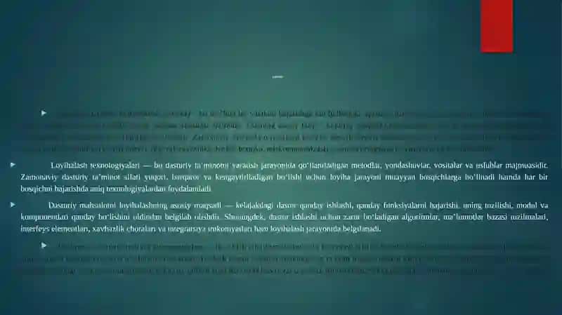 DASTURLASH MUHITLARI VA LOYIHALASH TEXNOLOGIYALARI KURS ISHI TAQDIMOTI 3