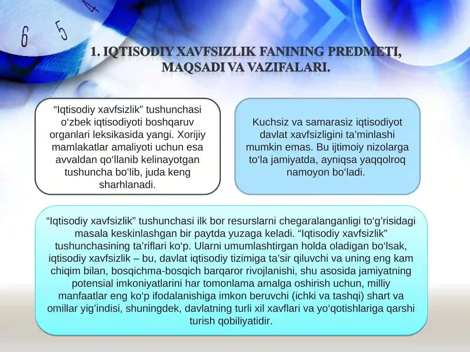“IQTISODIY XAVFSIZLIK” FANIGA KIRISH, FANNING PREDMETI, MAQSADI VA VAZIFALARI 3