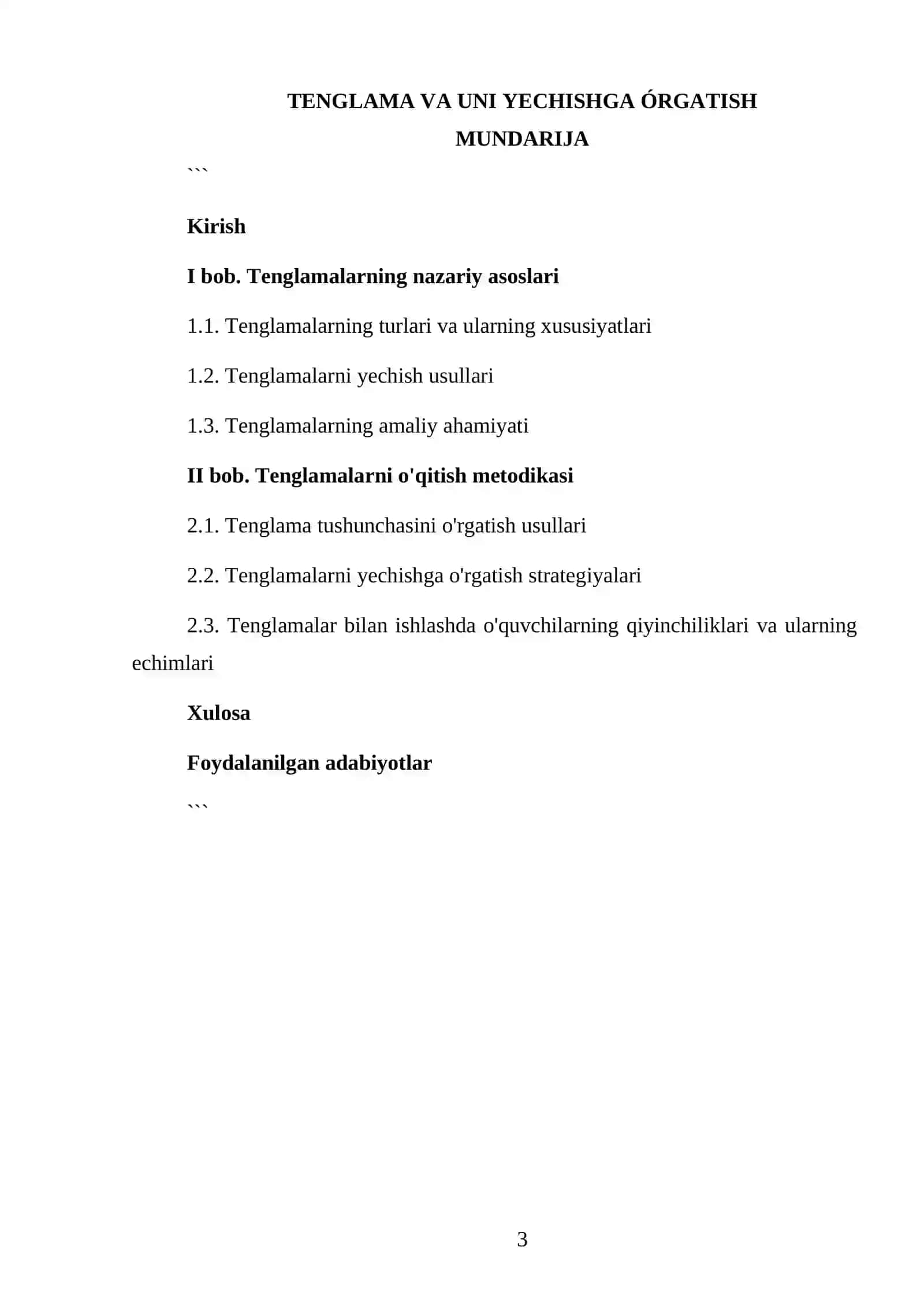 XASANOVA MAMNUNANING MATEMATIKA VA UNI O’QITISH METODIKASI TAYYORLAGAN KURS ISHI 3