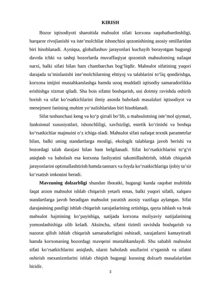 Sifat tushunchasi va uni oshirish zaruriyati hamda mahsulotning sifat ko’rsatkichlari va ularni baholash usullari 3