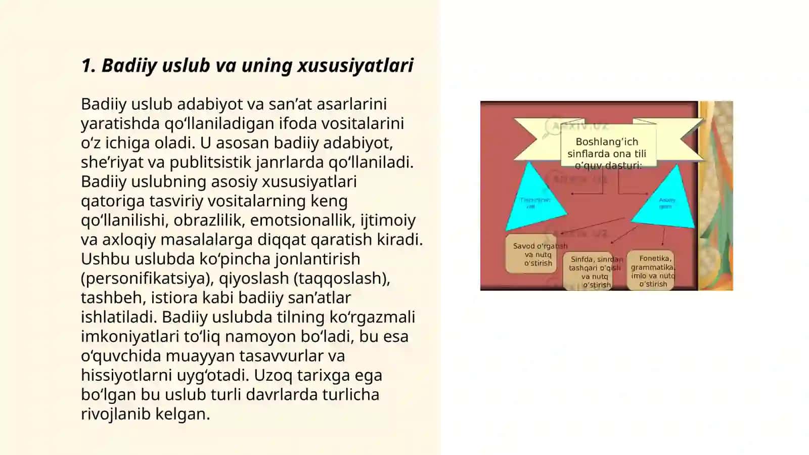 Ózbek tili uslubiyat bólimining óziga xos jihatlarini ochib berish maqsadida tajriba-sinov ishlarini olib borish 3