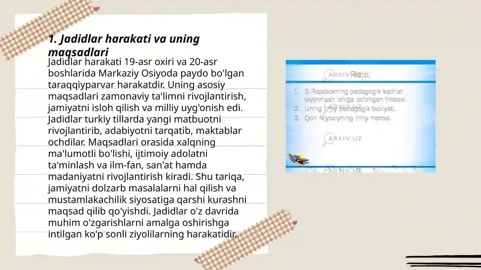 Jadid ma’rifatparvarlarining o‘lka ijtimoiy-ma’naviy hayotida tutgan o‘rni (Munavvar Qori, Fitrat, Behbudiy, Avloniy va boshq.) 3