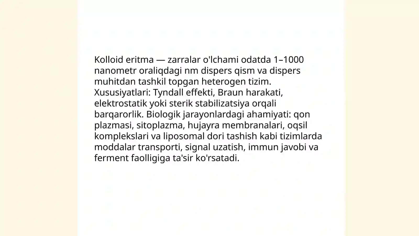 Biologik jarayonlardagi kolloid eritmalar:sinflanishi tuzilishi olinishi va tozalash usullari 3