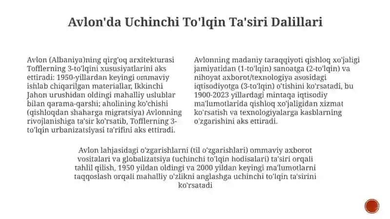 Avloniyning Madaniy To'lqinlari va Elvin Toffler 3-to'lqinasarinitahlilqilish 3
