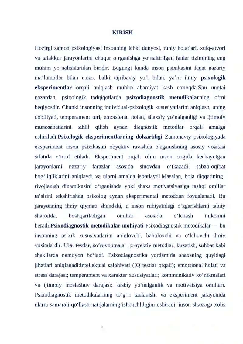 "PSIXALOGIK EKSPREMENTLARDA PSIXADIAGNOSTIK METODIKALARDAN SAMARALI FOYDALANISH" 3