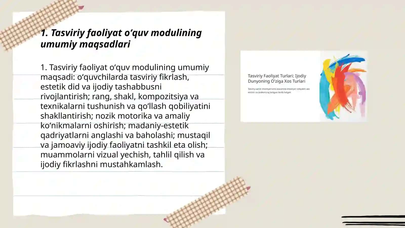 Tasviriy faoliyat oʻquv modulining maqsad va vazifalari 3