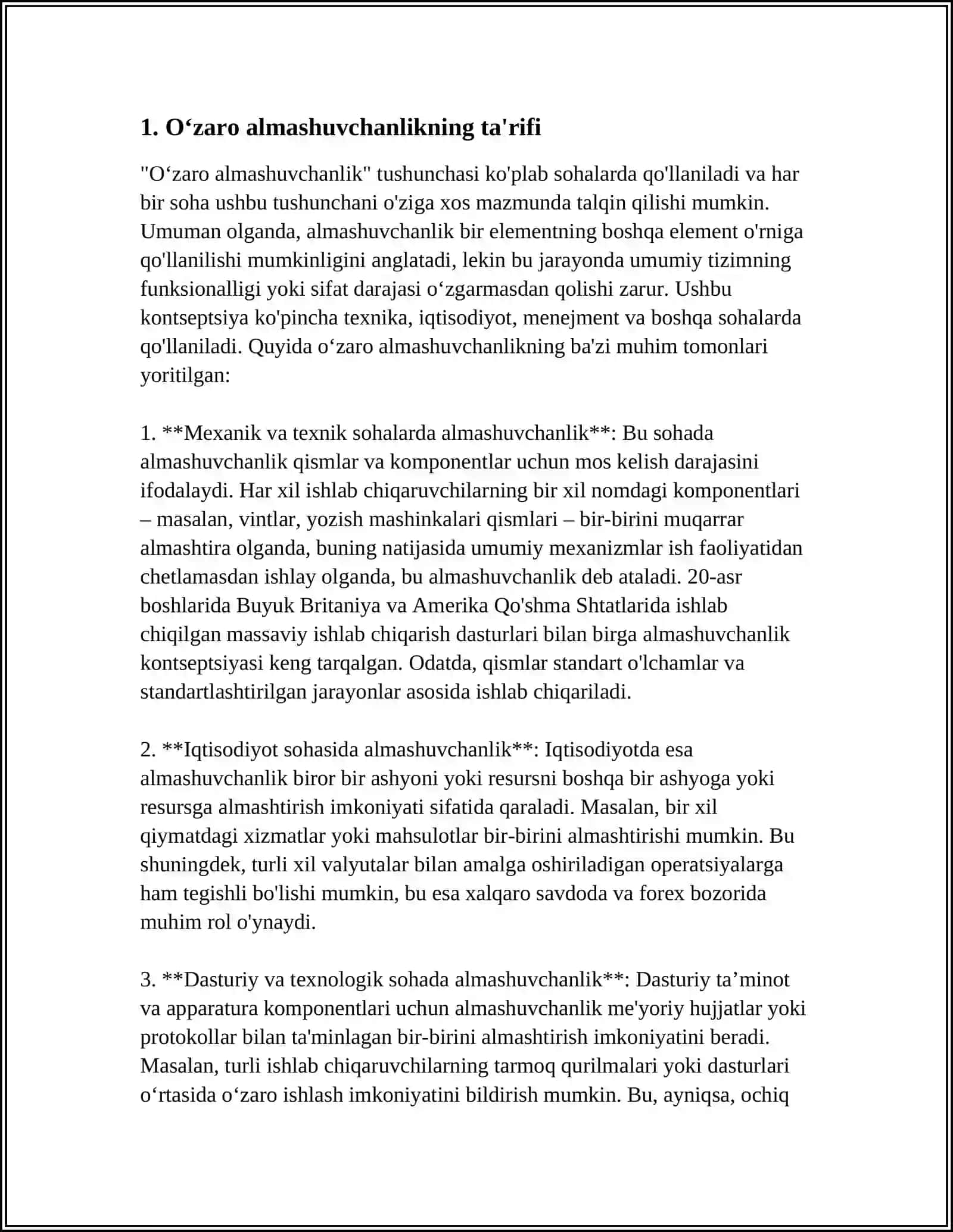 MUSTAQIL ISH Mavzu: OʻZARO ALMASHUVCHANLIK ASOSLARI 3
