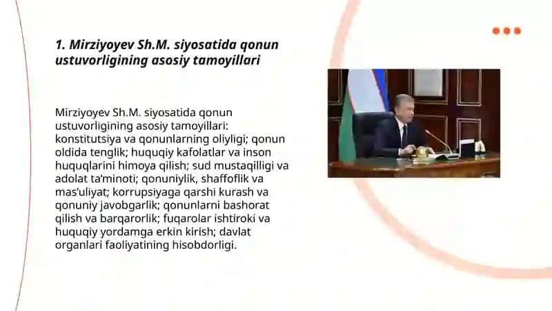 Mirziyoyev Sh.M qonun ustivorligi va inson manfaatlarini taminlash yurt taraqqiyoti va xalq farovonligini garovi 3