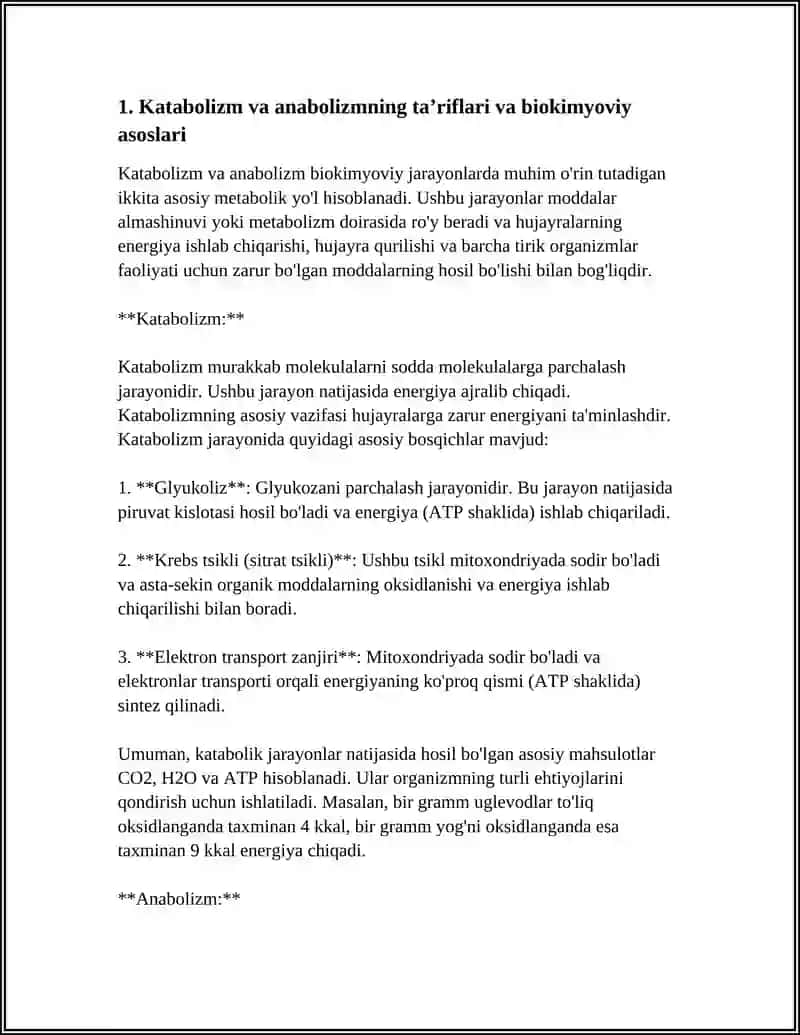 KATABOLIZM VA ANABOLIZM. UNING NORMAL VA PATALOGIK HOLATLARDAGI OʻZGARISHLARI 3