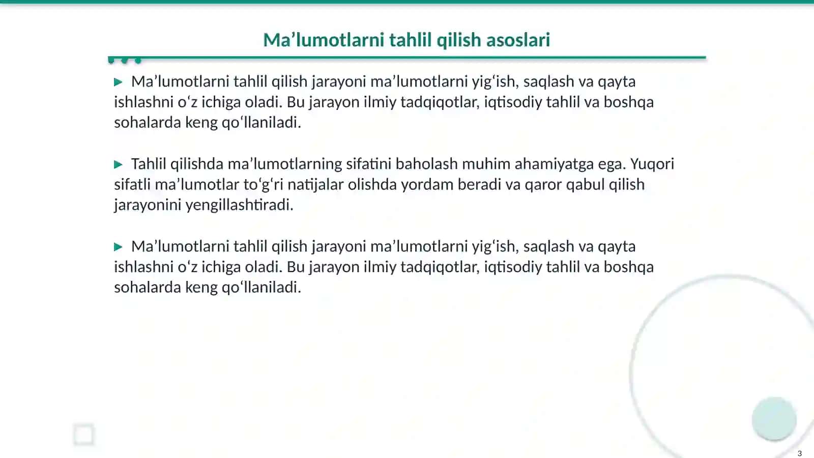 Ma’lumotlarni tahlil qilish asoslari 3