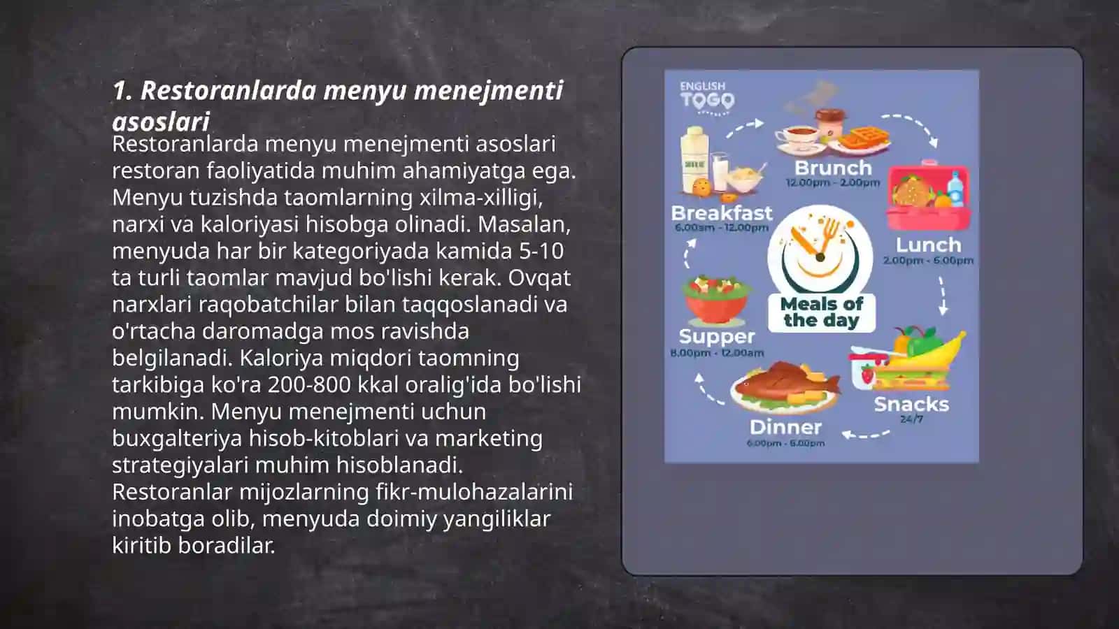 Restoranlarda menyu menejmenti va taomlar tannarxini hisoblash 3