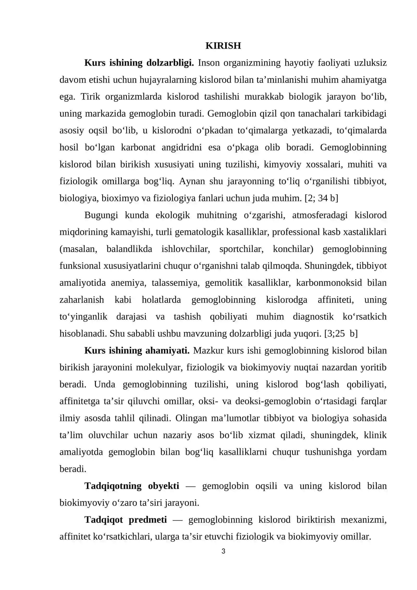"GEMOGLOBINNING KISLOROD BILAN BIRIKISHIİ" MAVZUSIDAGI KURS ISHI 3