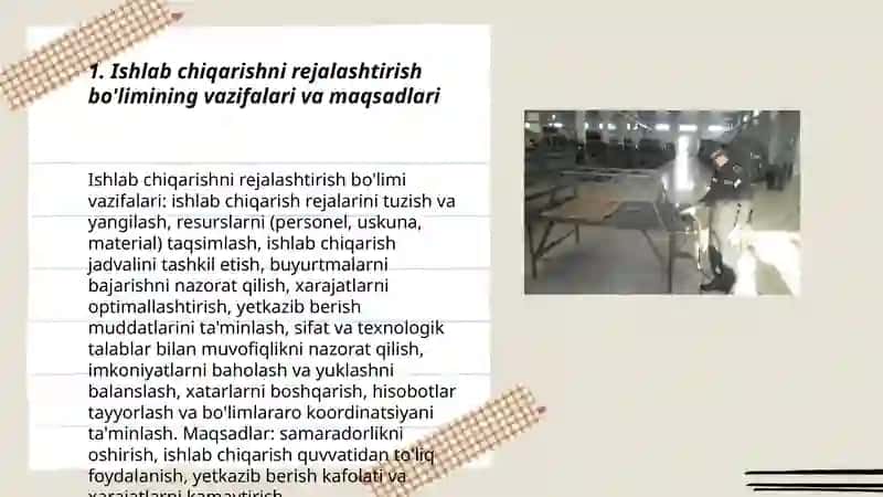 Avtomobil texnikasini ishlab chiqarish korxonasida ishlab ciqarish jarayonini rejalashtirish bòlimi ishini tashkil etish haqida taqdimot yasab bering 3