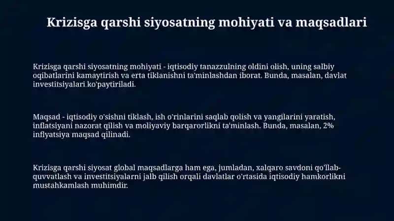 Krizisga qarshi siyosat va makroiqtisodiy muvozanatini ta’minlash 3