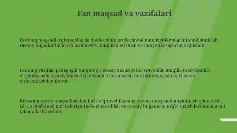 Oʻqituvchi nutuq madaniyati va davlat tilida ish yuritish fanini maqsadvavazifalari 3