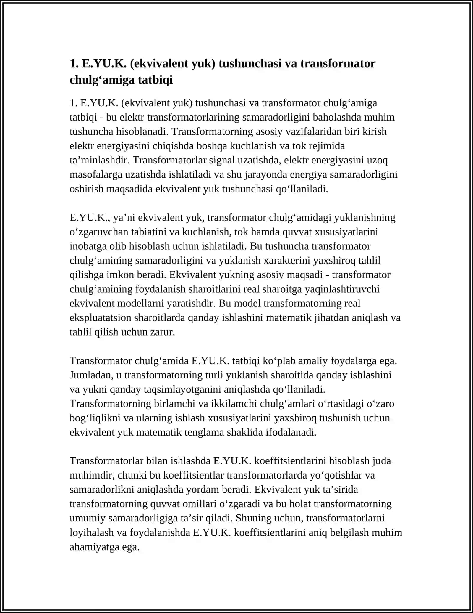 TRANSFORMATOR CHULGʻAMINING E.YU.K. TENGLAMASI. KELTIRILGAN CHULGʻAMLI TRANSFORMATORLARNIN VEKTOR DIAGRAMMASI 3