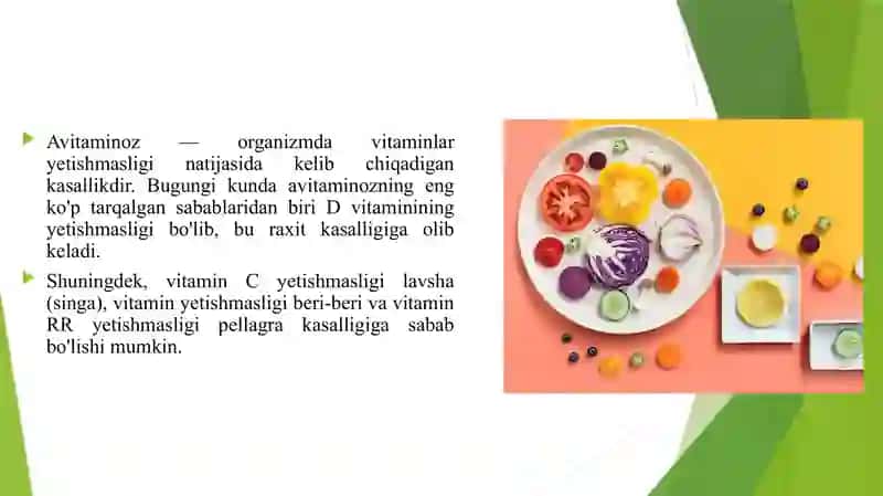 AVITAMINOV VA GIPOVITAMINOZLAR. HOZIRGI KUNDA ASOSAN QAYSI VITAMIN YETISHMASLIGI OQIBATIDA AVITAMINOZ KELIB CHIQAYOTGANI HAQIDA IZLANISH O'TKAZISH 3