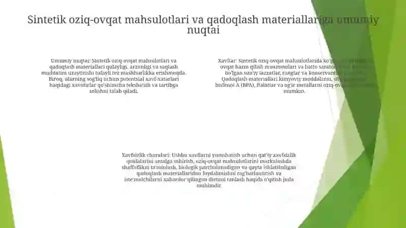 Sintetik Oziq-Ovqat Mahsulotlari Vа Qаdоqlаsh-O’Rаsh Mаtеriаllаri Zаrаri, Ulаrni Хаvfsizlаntirish Yo’Llаri Korxona Loyihasini Bosh Rejasi 3