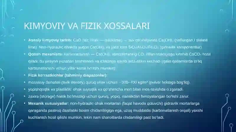 Havoda qotuvchi ohak, me'yoriy xujjatlari va xossalari. Organik bog'lovchi moddalar 3