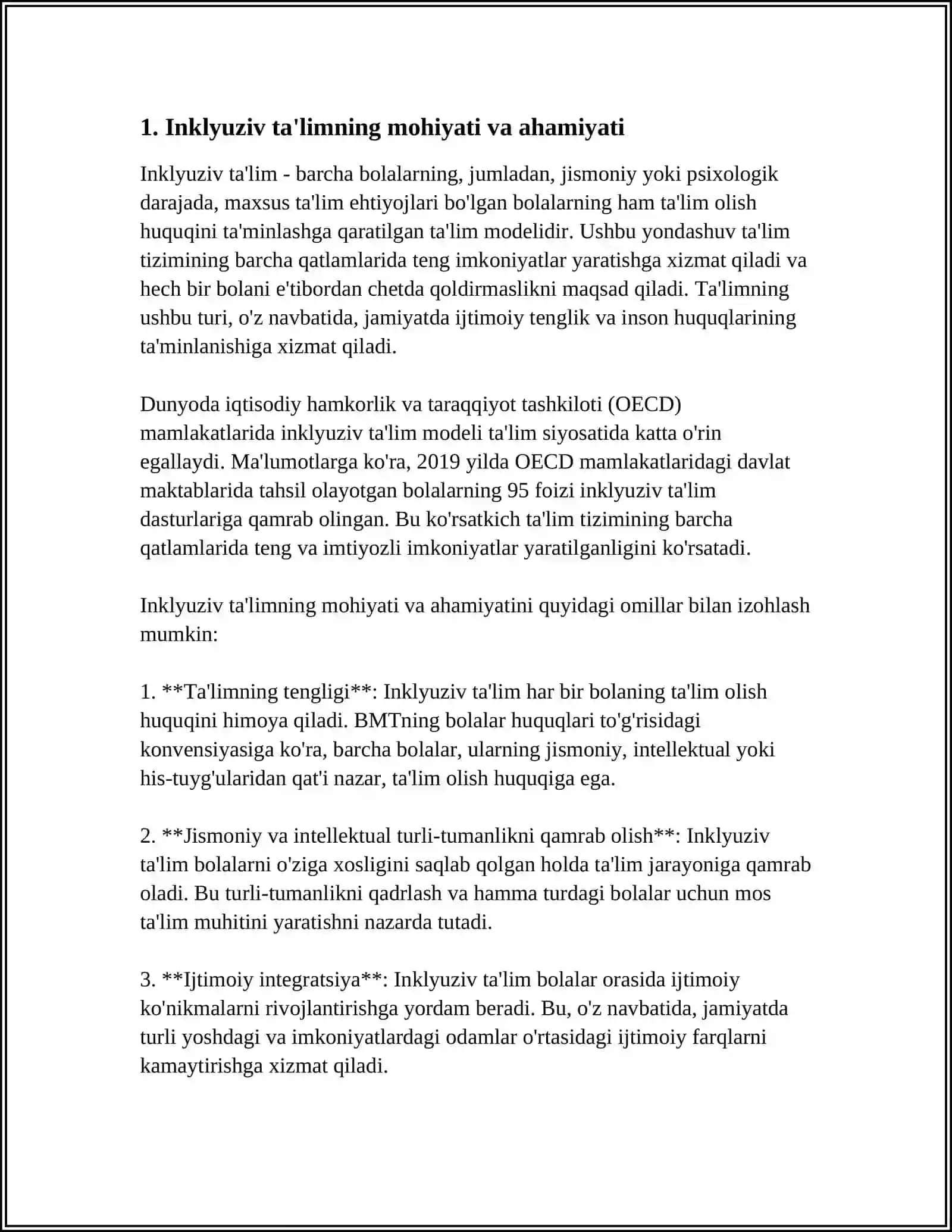 ALOHIDA YORDAMGA MUHTOJ BOLANI UMUMTALIM MAKTABIDA YOKI MAKTABGACHA TA’LIM TASHKILOTIDA INKLYUZIV TA’LIM SHAROITDA OQISHIGA MOSLASHISHDA OILA VA MAKTABNING OʻRNI 3