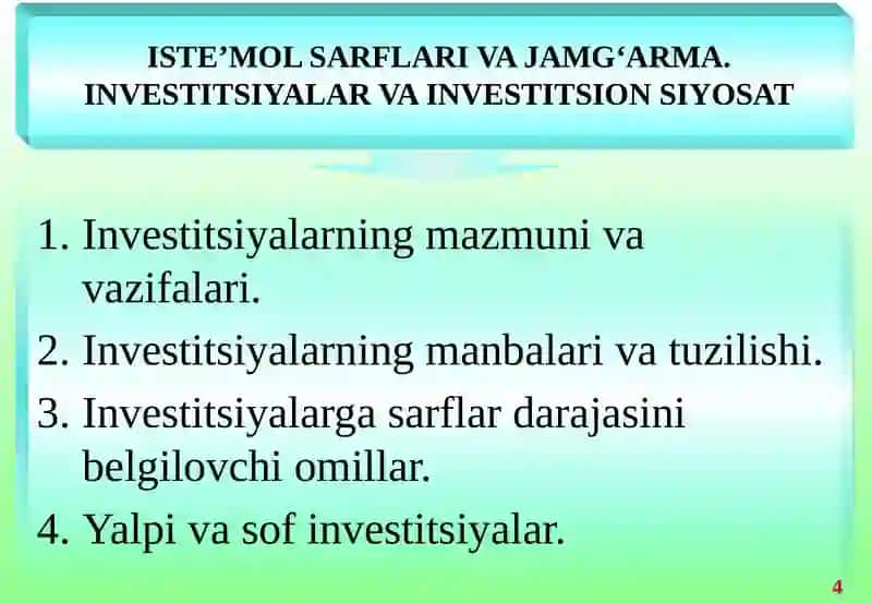 Iste’mol sarflari va jamg‘arma. Investitsiyalar va investitsion siyosat 3