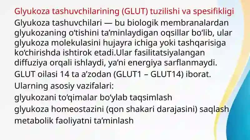 Glyukoza tashuvchilarining tuzilishi,spesifikligi,klinik ahamiyati. Glikogen kasalliklari. Uglevodlarning almashinuvi boshqarilishining buzilishi 3