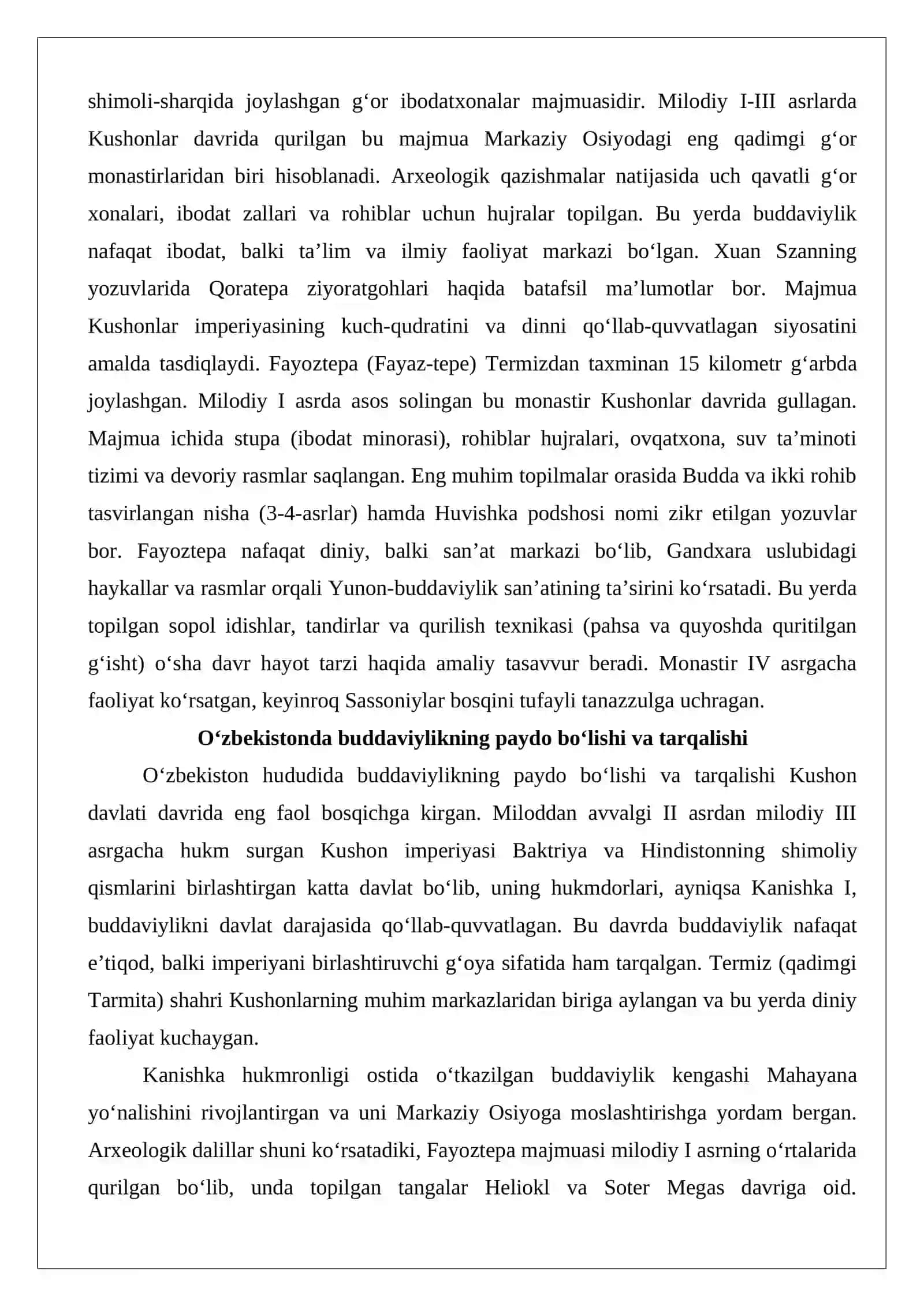 O‘zbekistonda buddaviylik dinining tarixiy ildizlari (Qoratepa, Fayoztepa, Dalvarzintepa) va hozirgi zamon 3