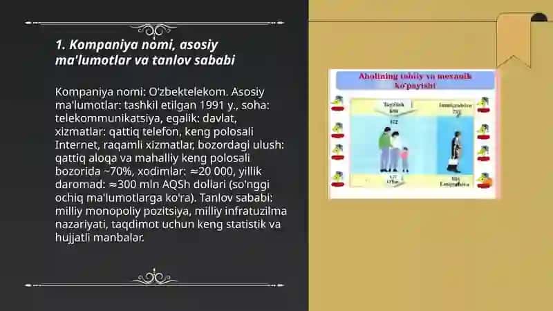 XOHLAGAN DAVLATIZNI MONOPOL KOMPANIYASINI OLASIZ VA U KOMPANIYA TO'G'RISIDA TO'LIQ MA'LUMOT YIG'IB KELASIZ PREZENTATSIYA KO'RINISHIDA 3