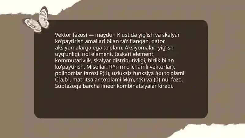 Vektor fazosi tushunchasi va uning asosiy tushunchalari tariflar teoremalar 3