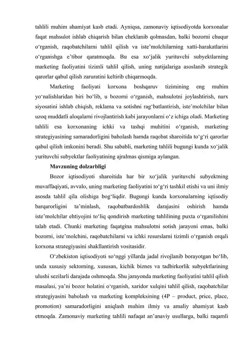 “Xo’jalik yurituvchi subyektlarning marketing faoliyatida tahlili” Mavzusidagi 3