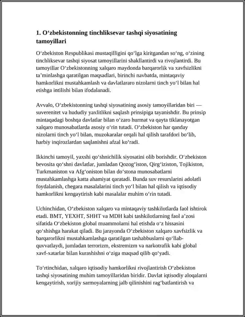 O‘ZBEKISTONNING TINCHLIKSEVAR TASHQI SIYOSATI VA UNING JAHON HAMJAMIYATI TOMONIDAN TAN OLINISHI 3
