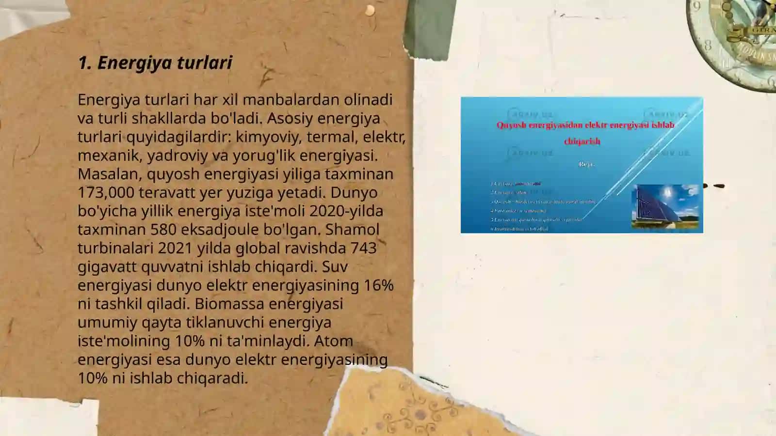 Energiya va uning turlari. Energiya o'zgarishlari. Elektr nuri. Energiyaning aylanishi 3