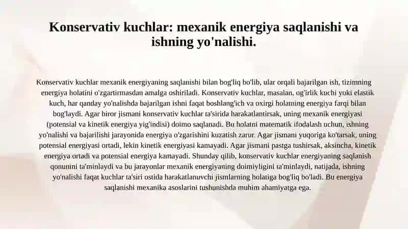 Potensial maydonda bajarilgan ish. Konservativ va dissipativ kuchlar 3
