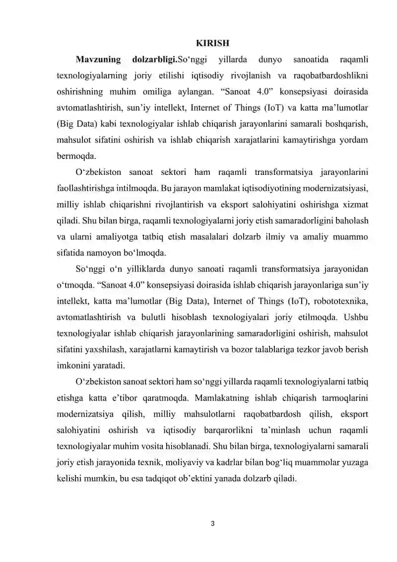 O'ZBEKISTON SANOAT TARMOQLARIDA RAQAMLI TEXNOLOGIYALARNI JORIY ETISH SAMARADORLIGI 3