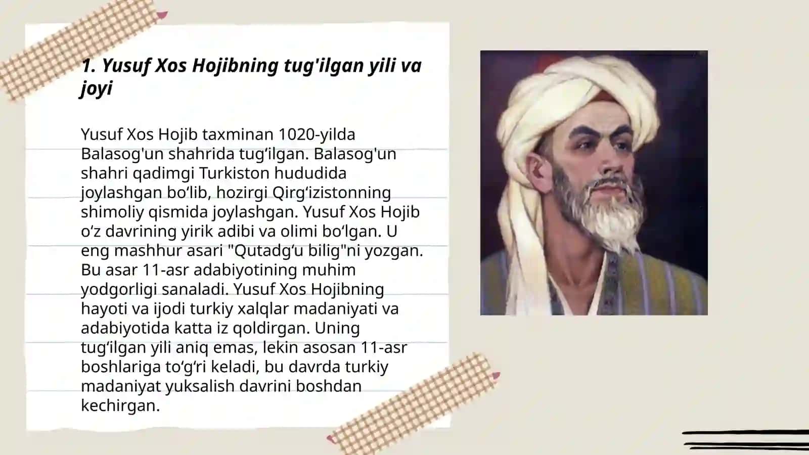 Yusuf Xos Hojibning hayot yo'li va ''Qutatg'u bilig'' asari yaratilish jarayoni 3