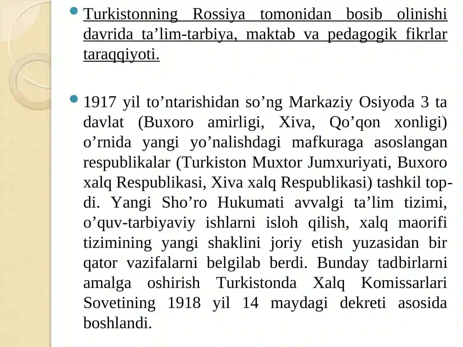 XIX asrning 2-yarmi XX asr boshlarida Turkiston o’lkasida tarbiya, maktab va pedagogik fikrlar 3
