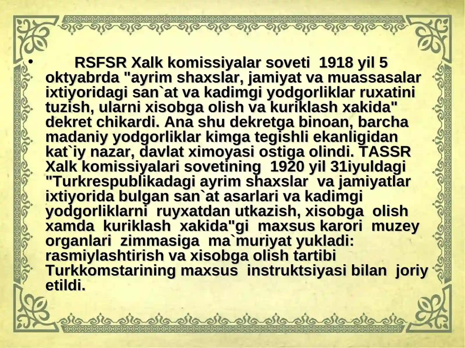 XX ASRNING 20-30 YILLARIDA O`ZBEKISTONDA DAVLAT MUZEYLARINI TASHKIL ETILISHI 3