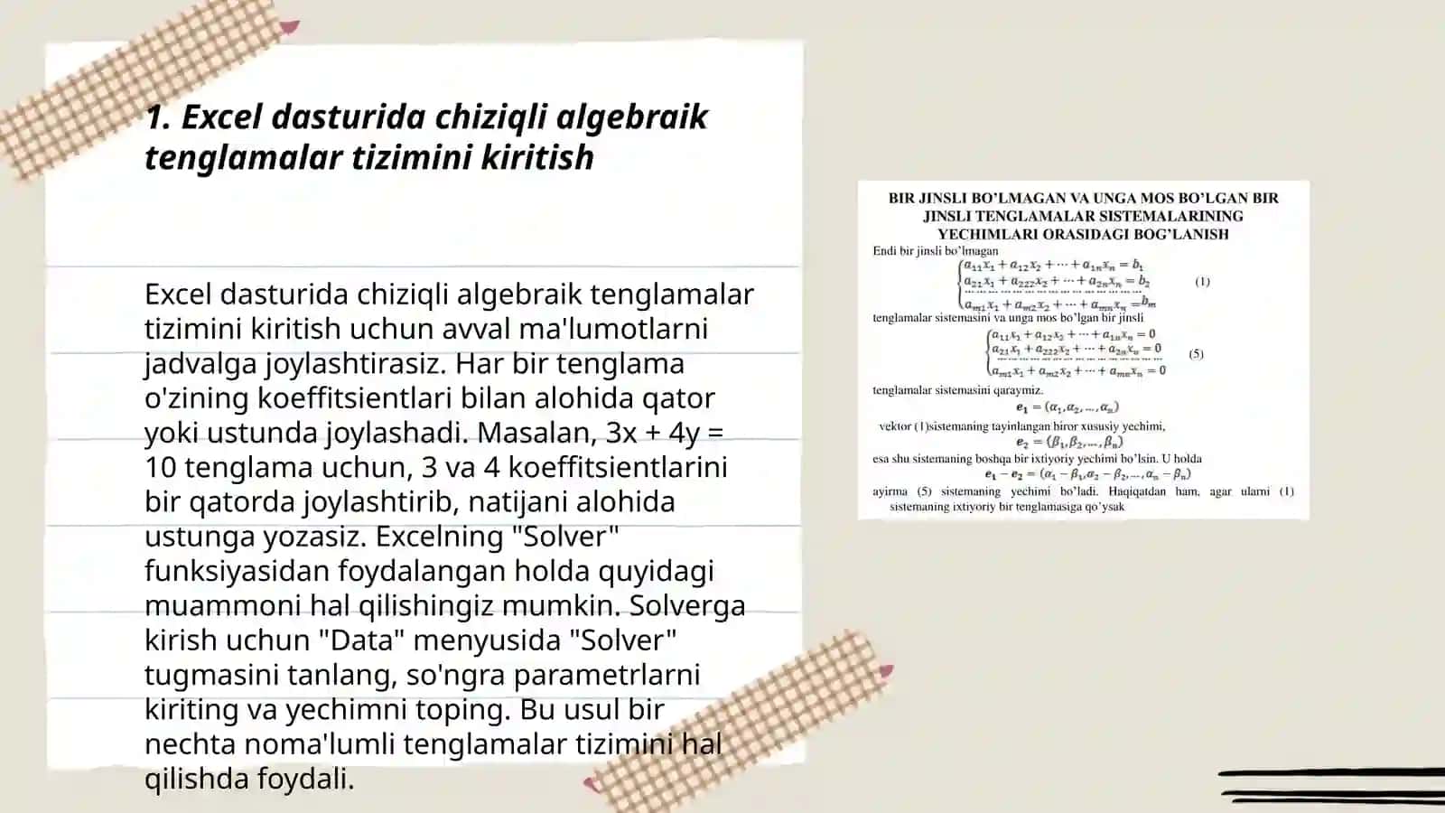 MS Excel dasturi clektron jadvalida chizigli algebraik tenglamalar sistemasini 3