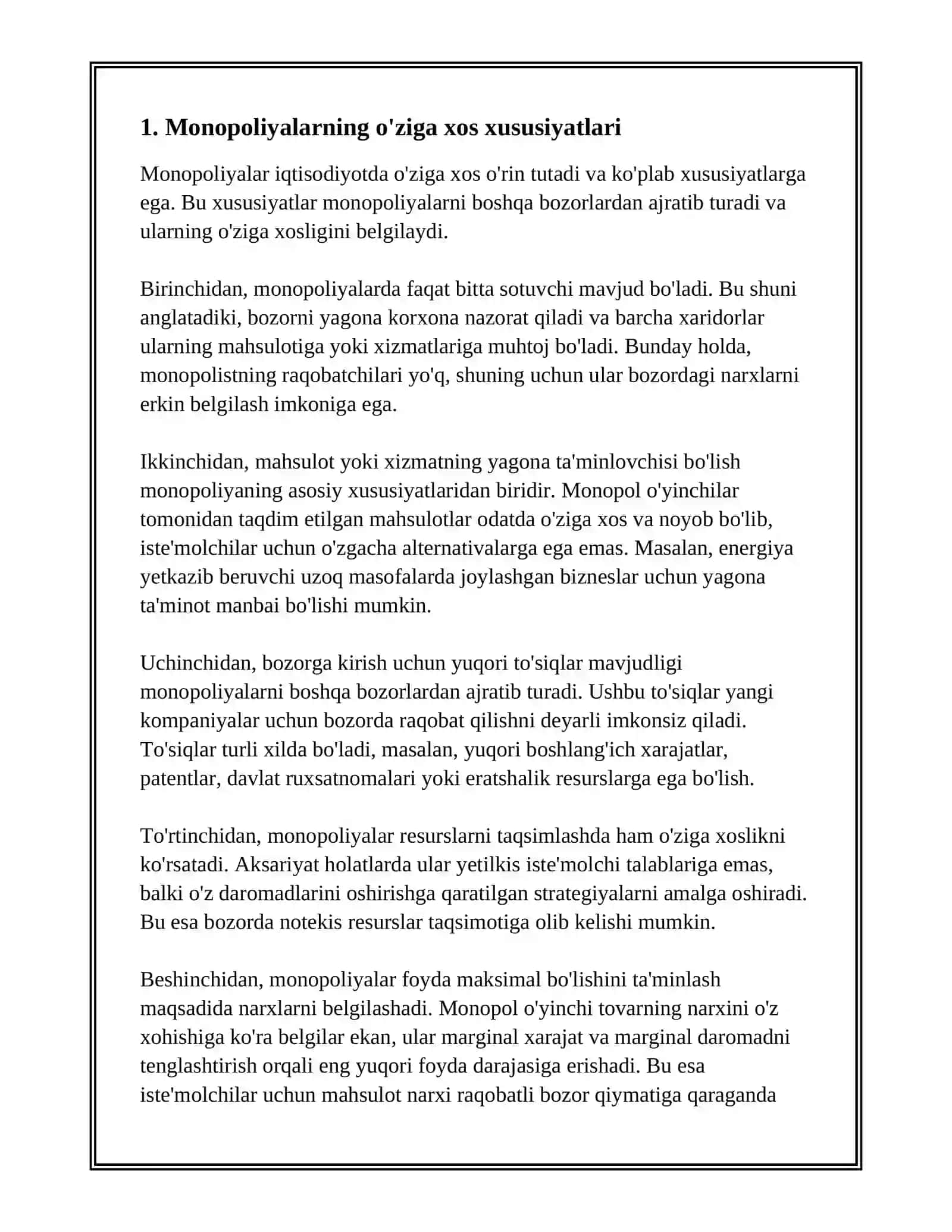 MONOPOLIYALAR, ULARNING AMAL QILISH VA TARTIBGA SOLISH XUSUSIYATLARI 3