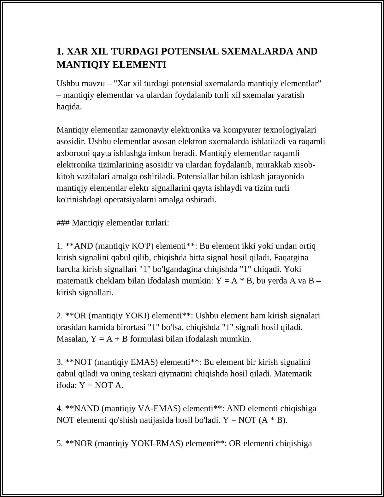 XAR XIL TURDAGI POTENSIAL SXEMALARDA MANTIQIY ELEMENTLARNING ISHLATISH SOXALARI 3