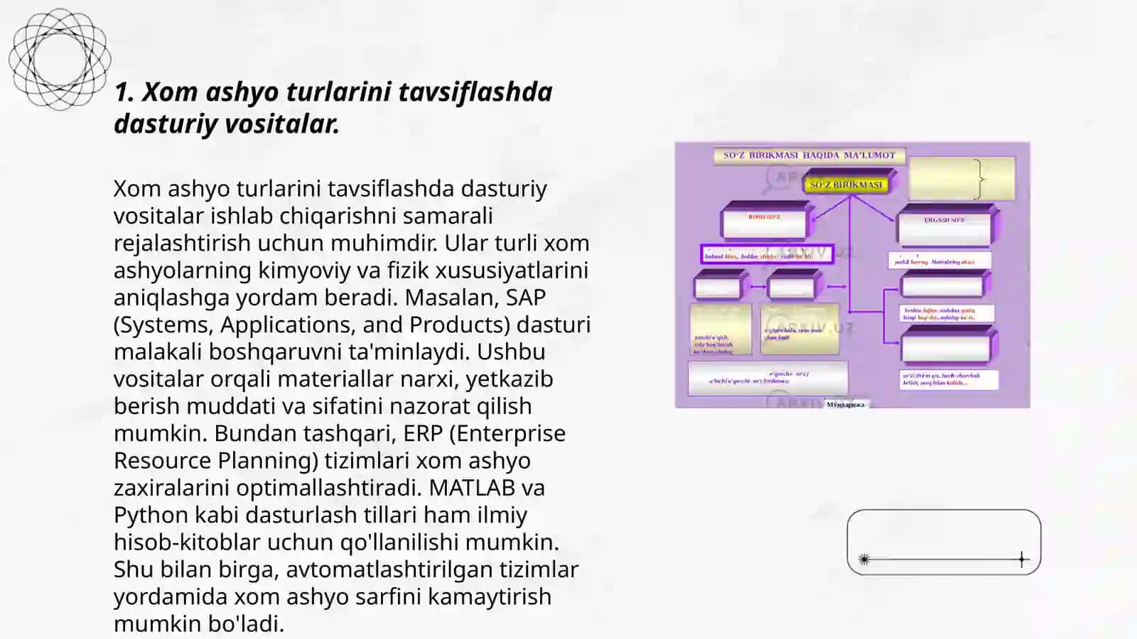 Xom ashyo, materiallar, yarim tayyor mahsulotlarni tavsiflashda maxsus fanlarni o'qitishning dasturiy vositalaridan foydalanish 3