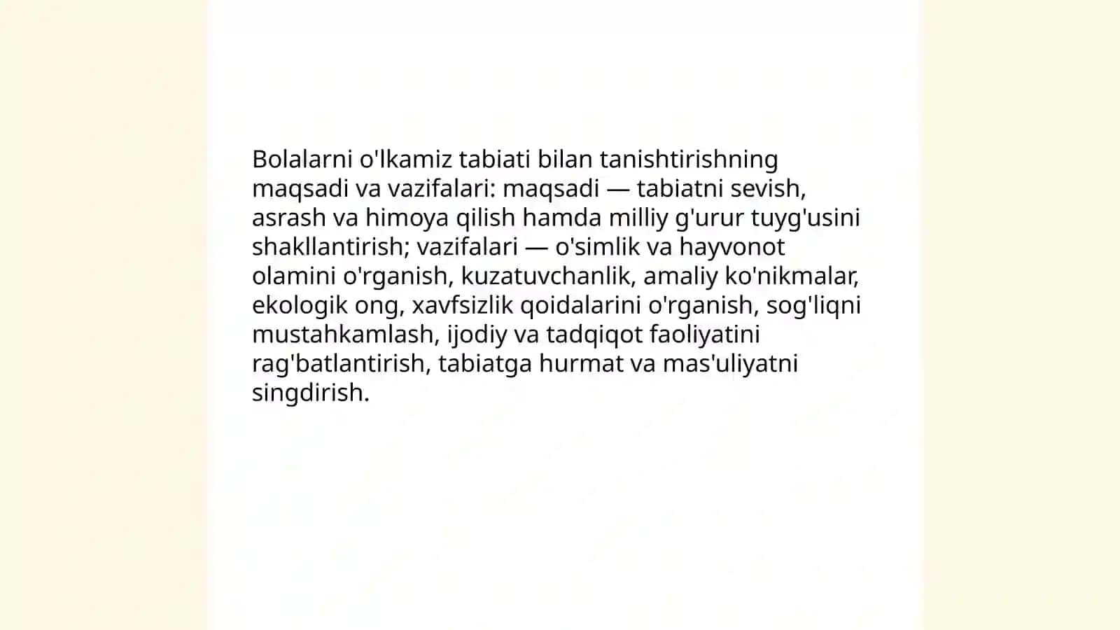 Bolalarni ôlkamiz tabiati ôsimlik va hayvonot olami bilan tanishtirish,tabiat qôynida ôtkaziladigan ekskursiyaning turlari va ahamiyati 3
