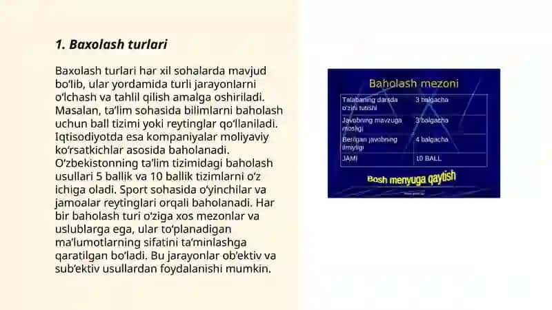 Baxolash turlari va mezonlari.Qayta topshirish va qayta óqish.Apellatsiya shartlari. 3