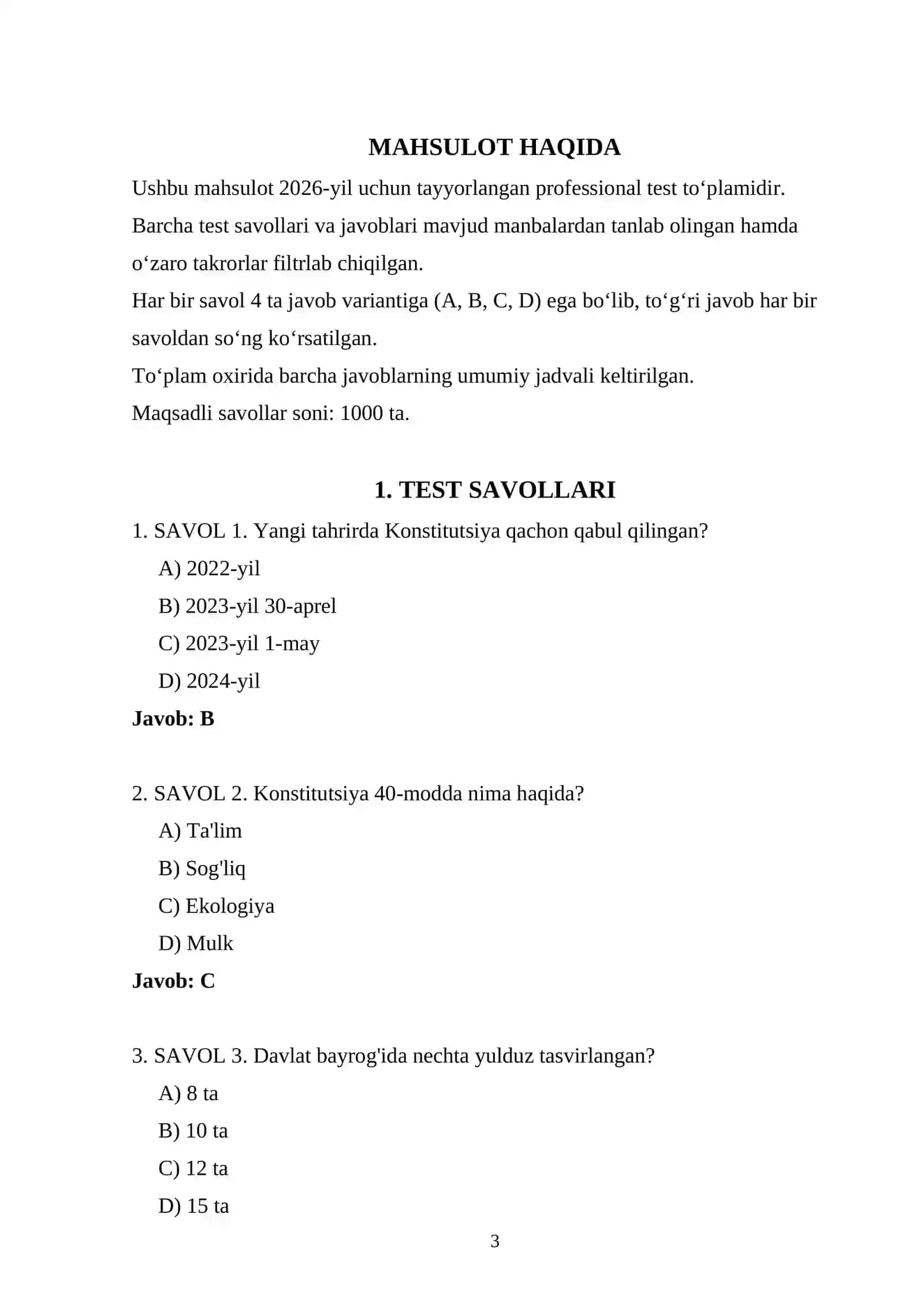 ARGOS MILLIY QONUNCHILIK 2026 1000 TA QONUNCHILIK TEST SAVOLLARI VA JAVOBLARI 3